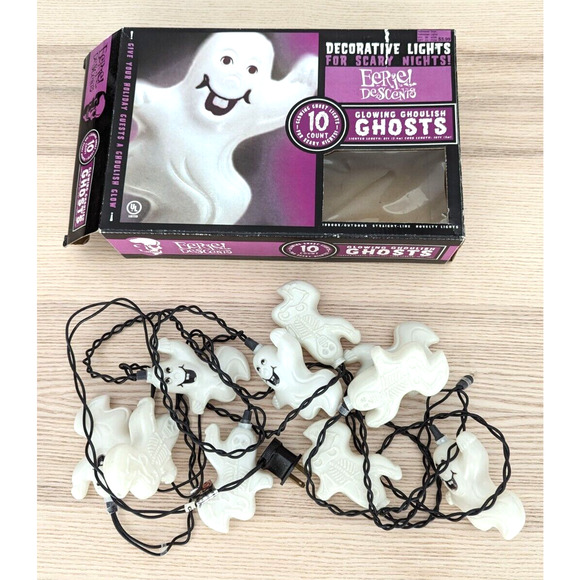 Vtg Eerie Descents Glowing Ghoulish Ghosts Blow Mold Halloween String Light Rare - Picture 4 of 15